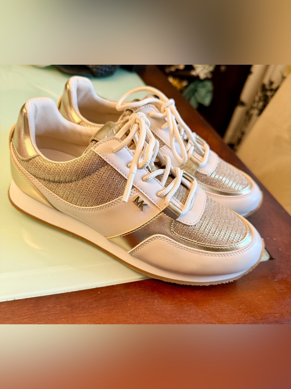 Michael Kors White and Metallic Gold Lace-Up Sneakers Size 7.5 NWOT